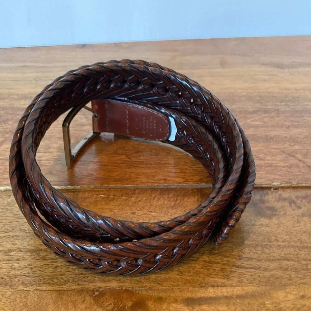 Men's Brown Herringbone‎ Leather Trim Belt Size 36 Classic Basic Brushed Gold